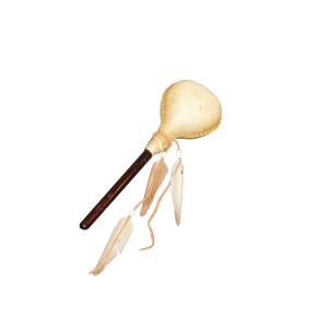 Große Rinderhaut-Rassel mit 3 Entenfedern, natur - für schamanische Arbeit kaufen München, buy rattle made of cow skin- with duck feather, Maraka kaufen BRD, schamanische Rassel, Schamanen-Rassel kaufen Bayern, große Rinderhautrassel, 3 Entenfedern