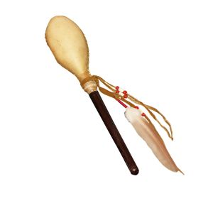 Rinderhaut-Rassel mit Entenfeder, rot - für schamanische Arbeit kaufen München, buy rattle made of cow skin- with duck feather, Maraka, Maraca kaufen München, schamanische Rassel kaufen München, Rinderhautrassel mit Entenfeder, rot