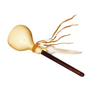 Große Rinderhaut-Rassel, Entenfeder, gelber Köcher für schamanische Arbeit kaufen München, buy rattle made of cow skin- with duck feather, Maraka, schamanische Rassel kaufen BRD, Schamanen-Rassel kaufen Bayern, Große Rinderhautrassel mit Entenfeder im gel