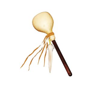 Große Rinderhaut-Rassel, Entenfeder, gelber Köcher für schamanische Arbeit kaufen München, buy rattle made of cow skin- with duck feather, Maraka, schamanische Rassel kaufen BRD, Schamanen-Rassel kaufen Bayern, Große Rinderhautrassel mit Entenfeder im gel