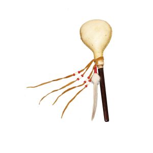 Große Rinderhaut-Rassel mit Entenfeder, rot für schamanische Arbeit kaufen München, buy rattle made of cow skin- with duck feather, Maraka, Maraca kaufen München, schamanische Rassel, Schamanen-Rassel kaufen München, Große Rinderhautrassel mit Entenfeder,