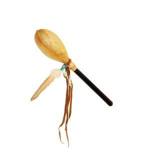 Rinderhaut-Rassel mit Entenfeder, blau - für schamanische Arbeit kaufen München, buy rattle made of cow skin- with duck feather, Maraka kaufen Erding, Maraca kaufen Bayern, Schamanen-Rassel kaufen BRD, Rinderhautrassel mit Entenfeder, blau