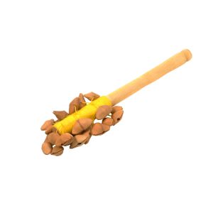 Nutshaker Sonne kaufen München, Nut-Shaker kaufen Bayern, Nuß-Rassel, Seelenwanderer, Nuss-Schüttler, Nuß-Rassler, Nuss-Rassel, Rassel aus Nuss-Schalen kaufen - Nutshaker Sonnne mit gelbem Garn und Entenfeder