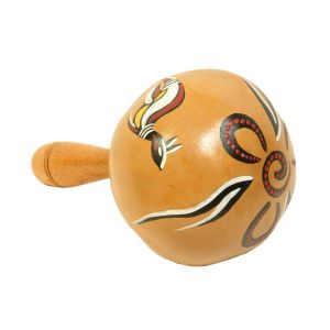 Kleine Kokos-Rassel mit Känguru, Spirale und roter Banderole kaufen München, Kokosrassel für schamanische Arbeit kaufen Bayern, Kalebasse-Shaker kaufen Erding, Maraca, Rumba-Rassel kaufen BRD, Rattle, medium Kalebasse mit Känguru, Spirale und roter Bander