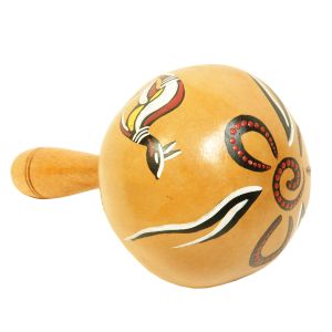 Medium Kokos-Rassel mit Känguru, Spirale und roter Banderole kaufen München, Kokosrassel für schamanische Arbeit kaufen Bayern, Kalebasse-Shaker kaufen Erding, Maraca, Rumba-Rassel kaufen BRD, Rattle, medium Kalebasse mit Känguru, Spirale und roter Bander